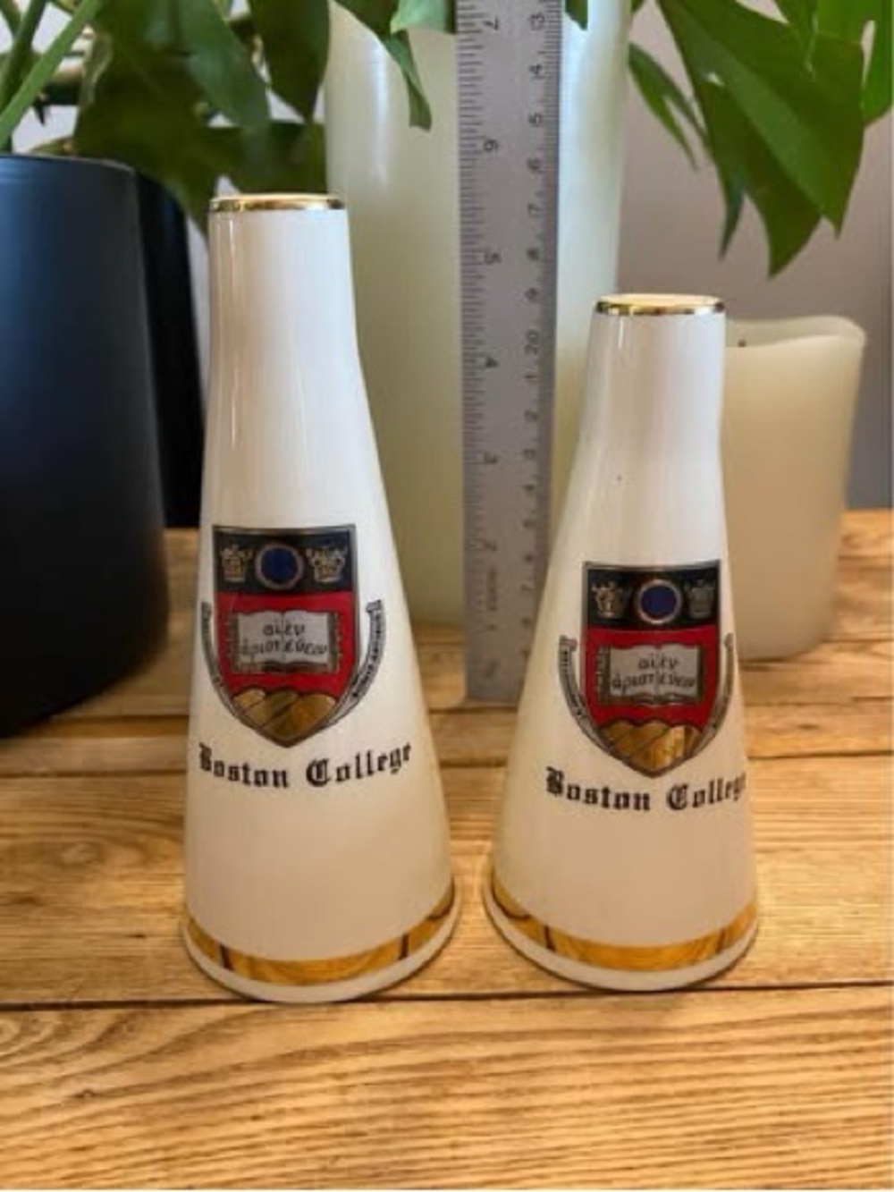 Vintage Boston College Salt & Pepper Shakers Set – White Ceramic with Gold Trim